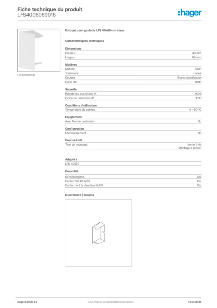 Image Hager Fiche technique du produit LFS4006069016 | Hager Belgique