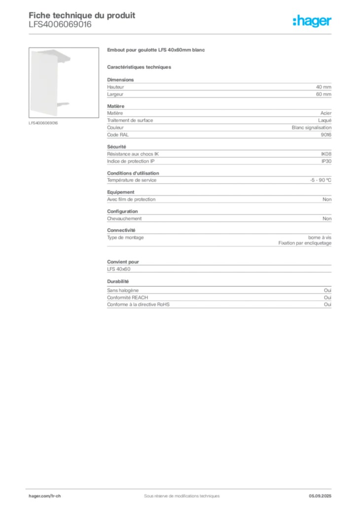 Image Hager Fiche technique du produit LFS4006069016 | Hager Suisse