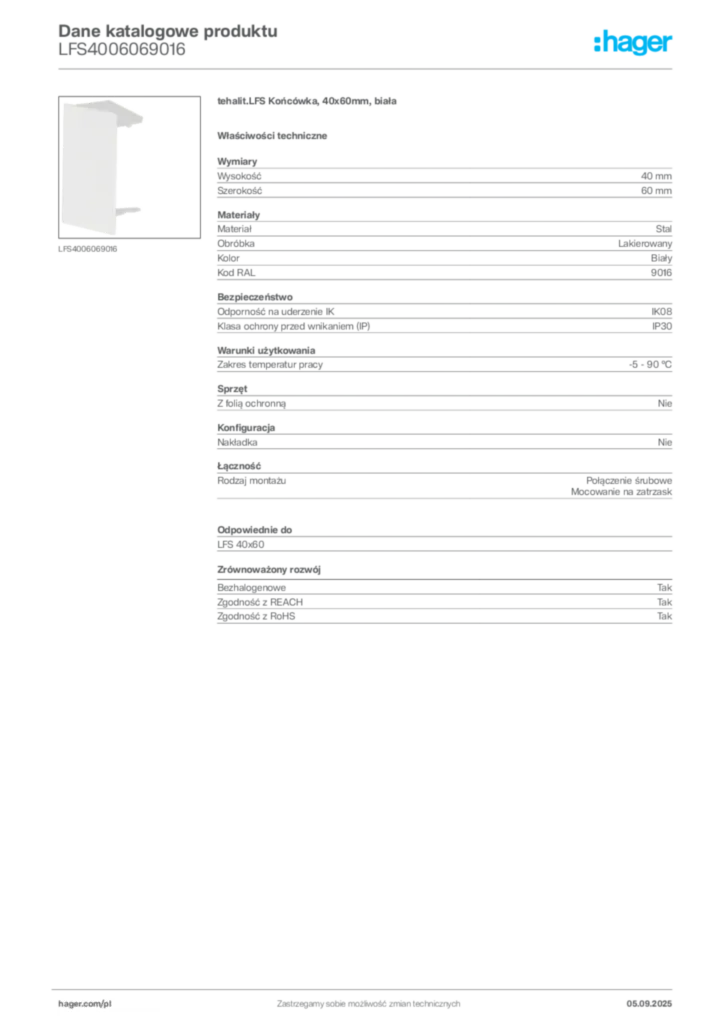 Zdjęcie Hager Dane katalogowe produktu LFS4006069016 | Hager Polska