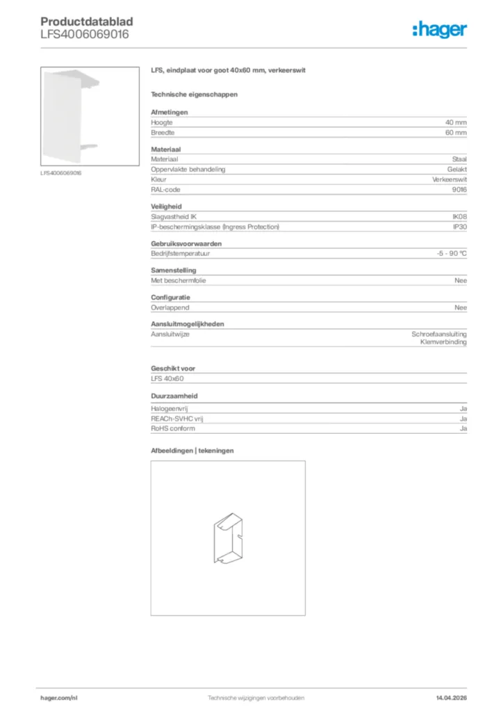 Afbeelding Hager Productdatablad LFS4006069016 | Hager Nederland