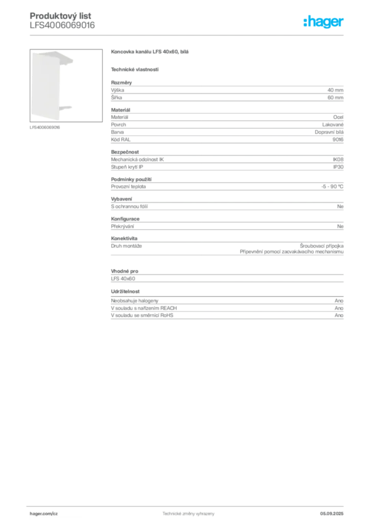 Obrázek Hager Produktový list LFS4006069016 | Hager