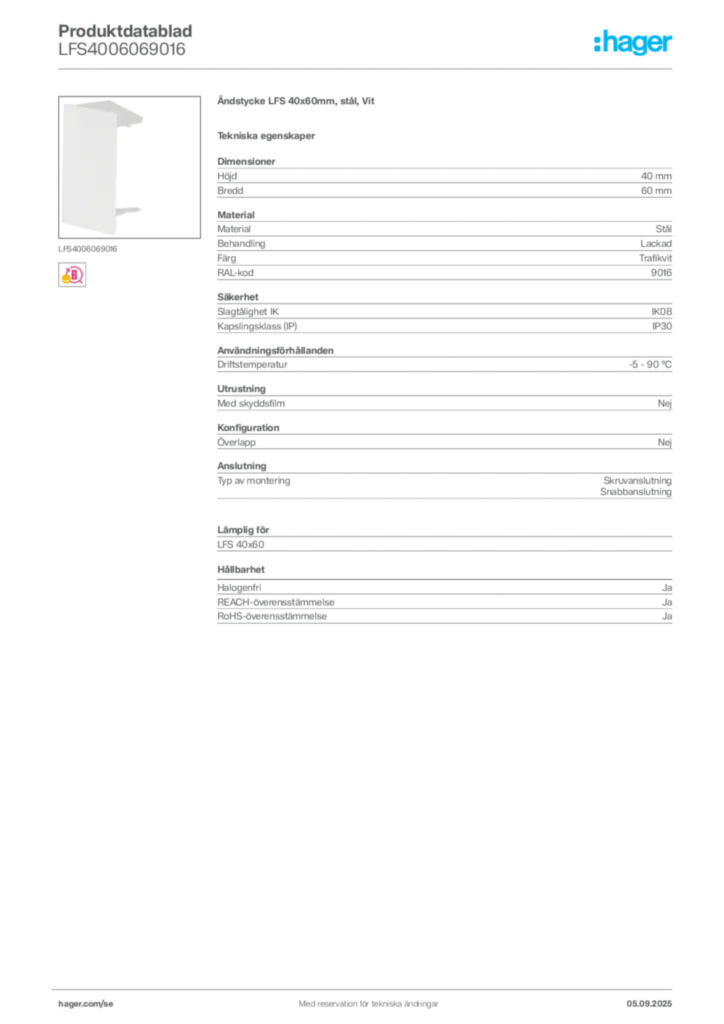 Bild Hager Produktdatablad LFS4006069016 | Hager Sverige