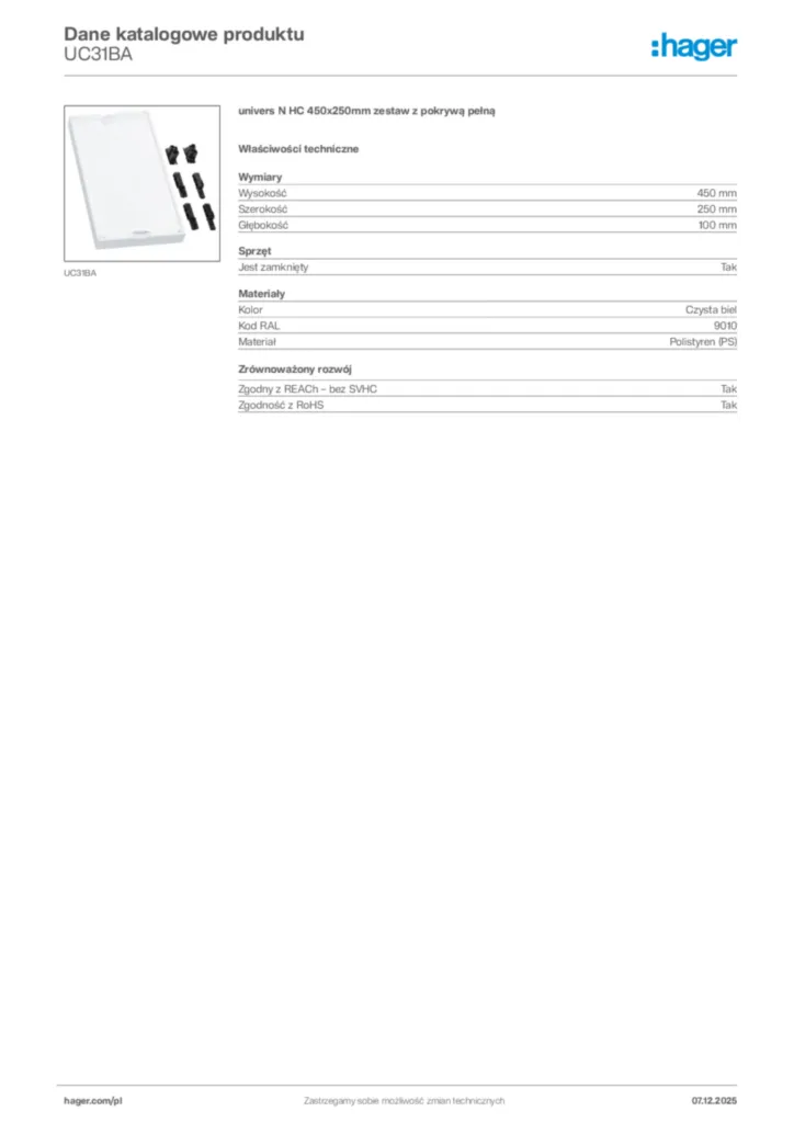 Zdjęcie Hager Karta katalogowa UC31BA | Hager Polska