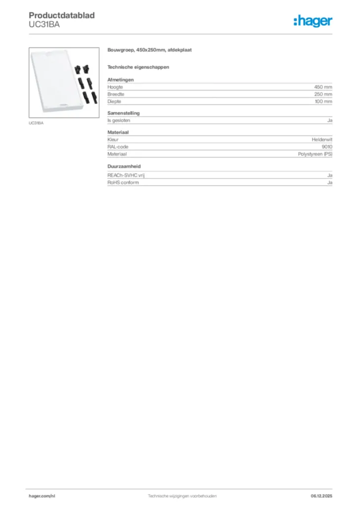 Afbeelding Hager Productdatablad UC31BA | Hager Nederland