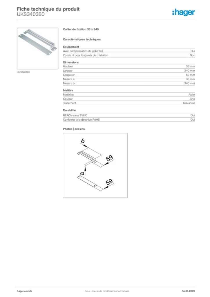 Image Hager Fiche technique du produit UKS340380 | Hager France