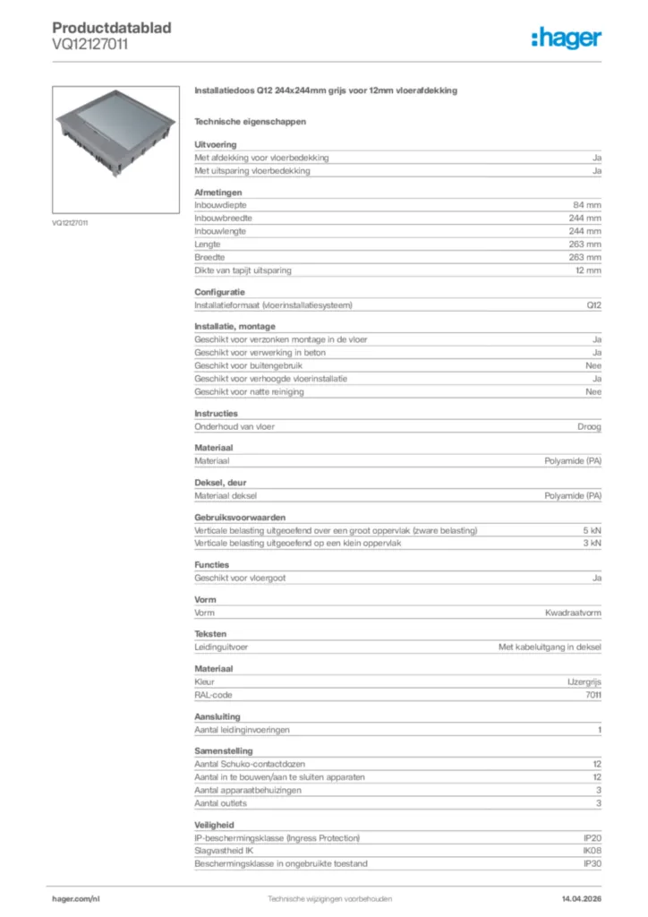 Afbeelding Hager Productdatablad VQ12127011 | Hager Nederland