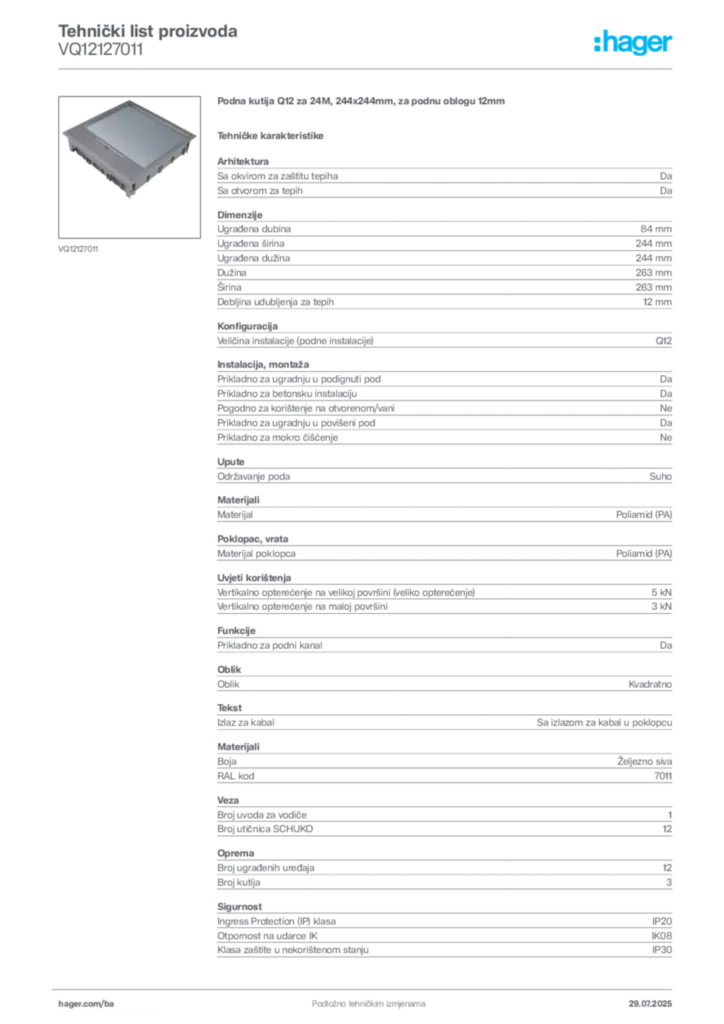 Slika Hager Product data sheet VQ12127011  | Hager