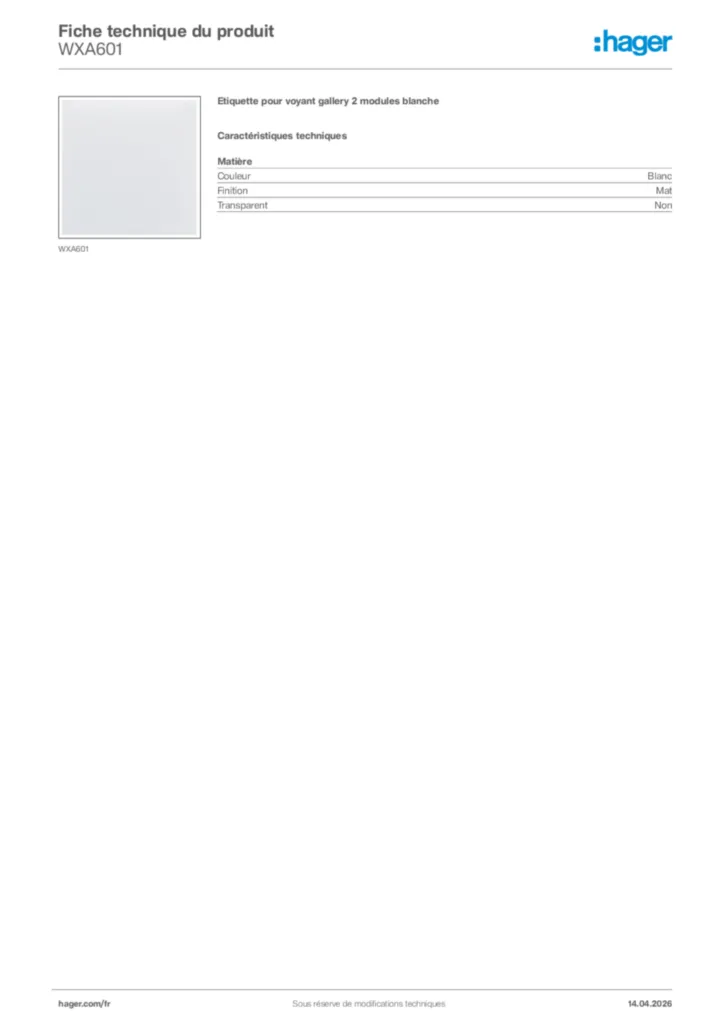 Image Hager Fiche technique du produit WXA601 | Hager France