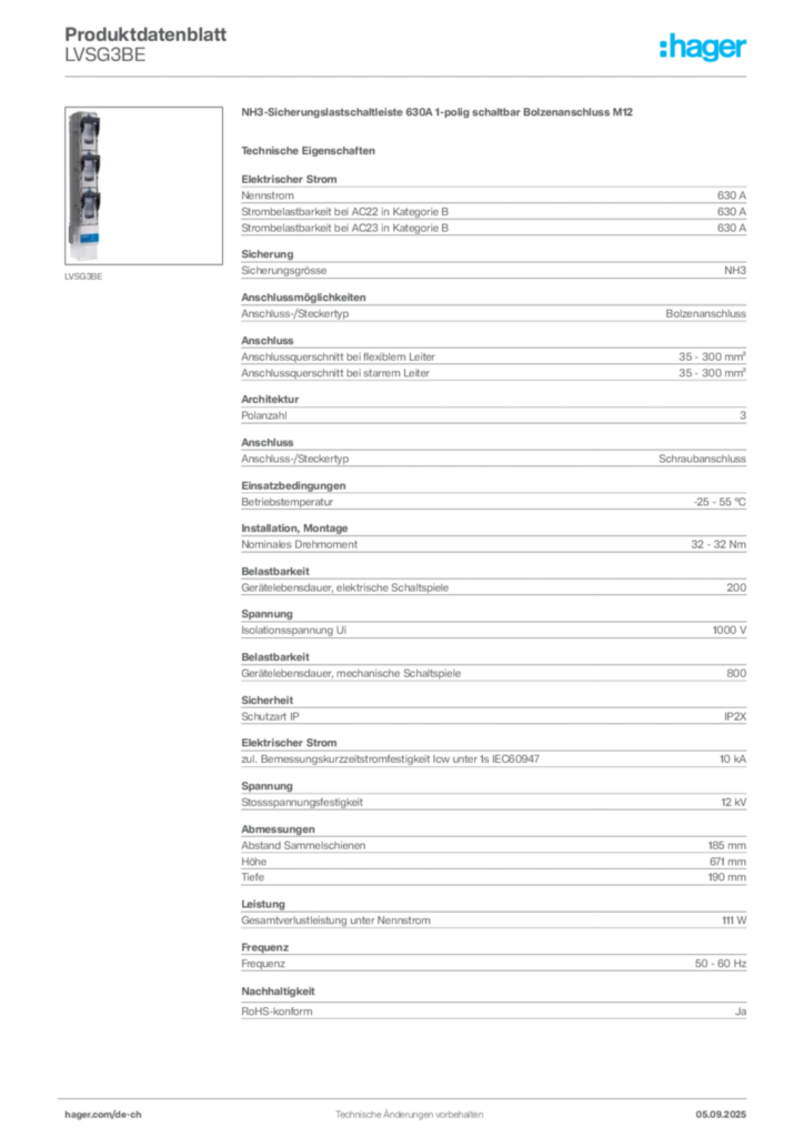 Bild Hager Produktdatenblatt LVSG3BE | Hager Schweiz