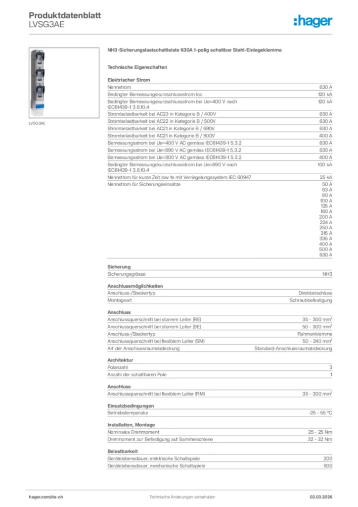 Bild Hager Produktdatenblatt LVSG3AE | Hager Schweiz