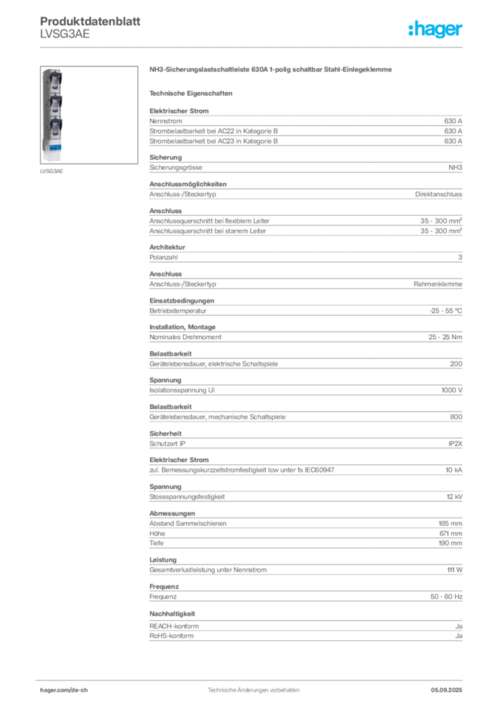 Bild Hager Produktdatenblatt LVSG3AE | Hager Schweiz
