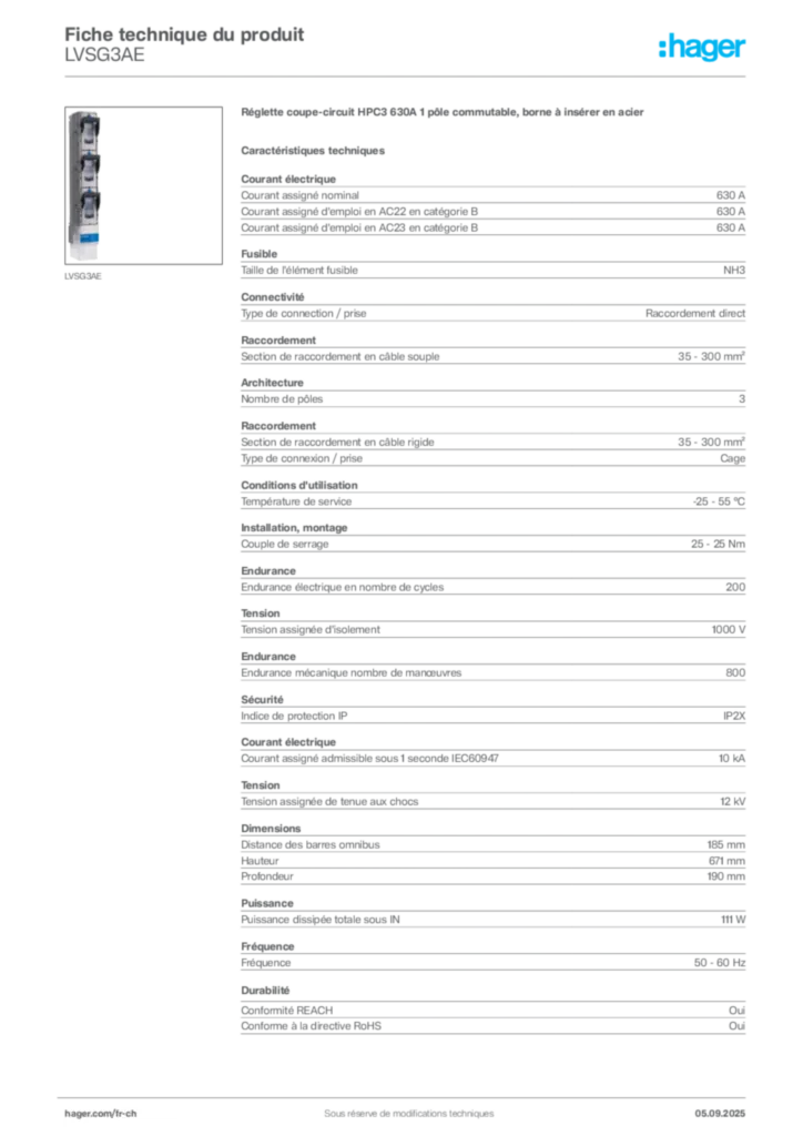 Image Hager Fiche technique du produit LVSG3AE | Hager Suisse