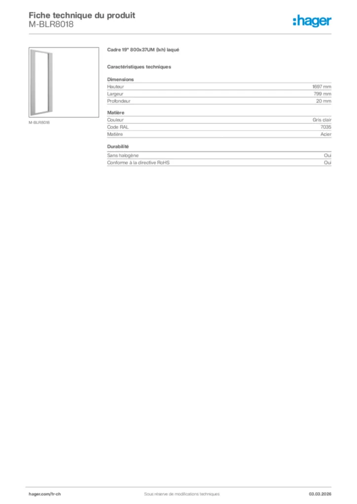 Image Hager Fiche technique du produit M-BLR8018 | Hager Suisse
