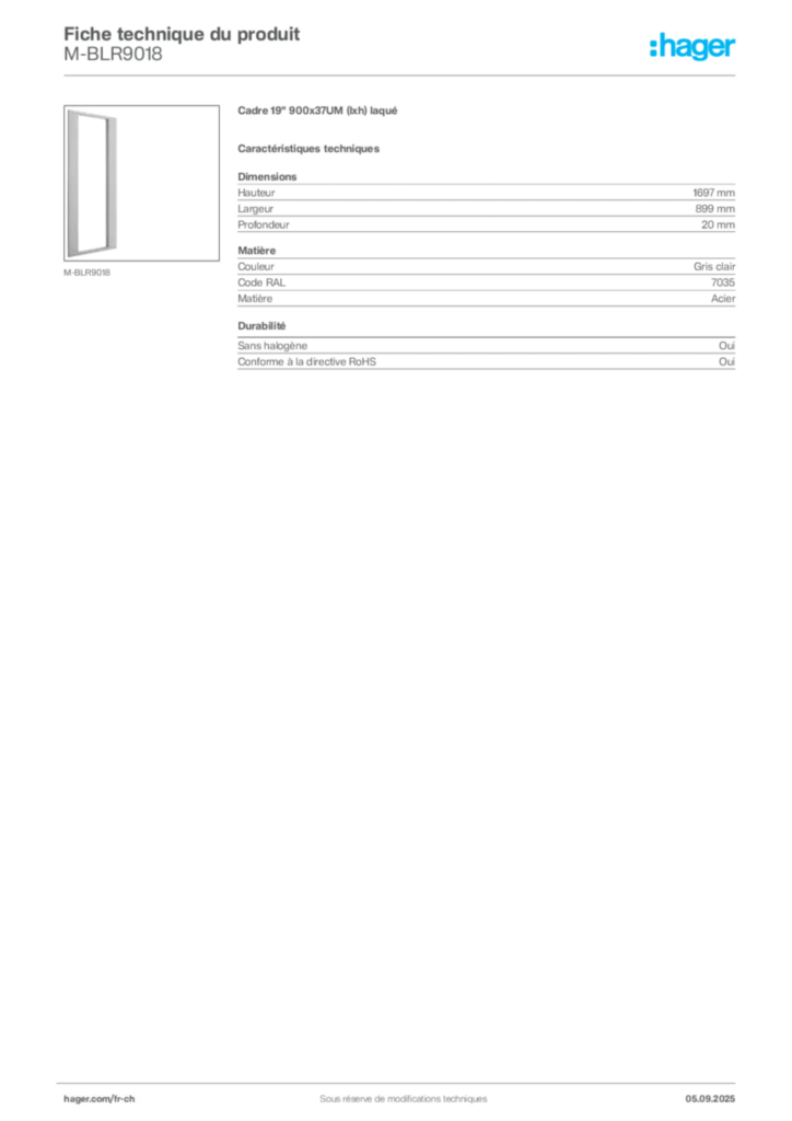 Image Hager Fiche technique du produit M-BLR9018 | Hager Suisse