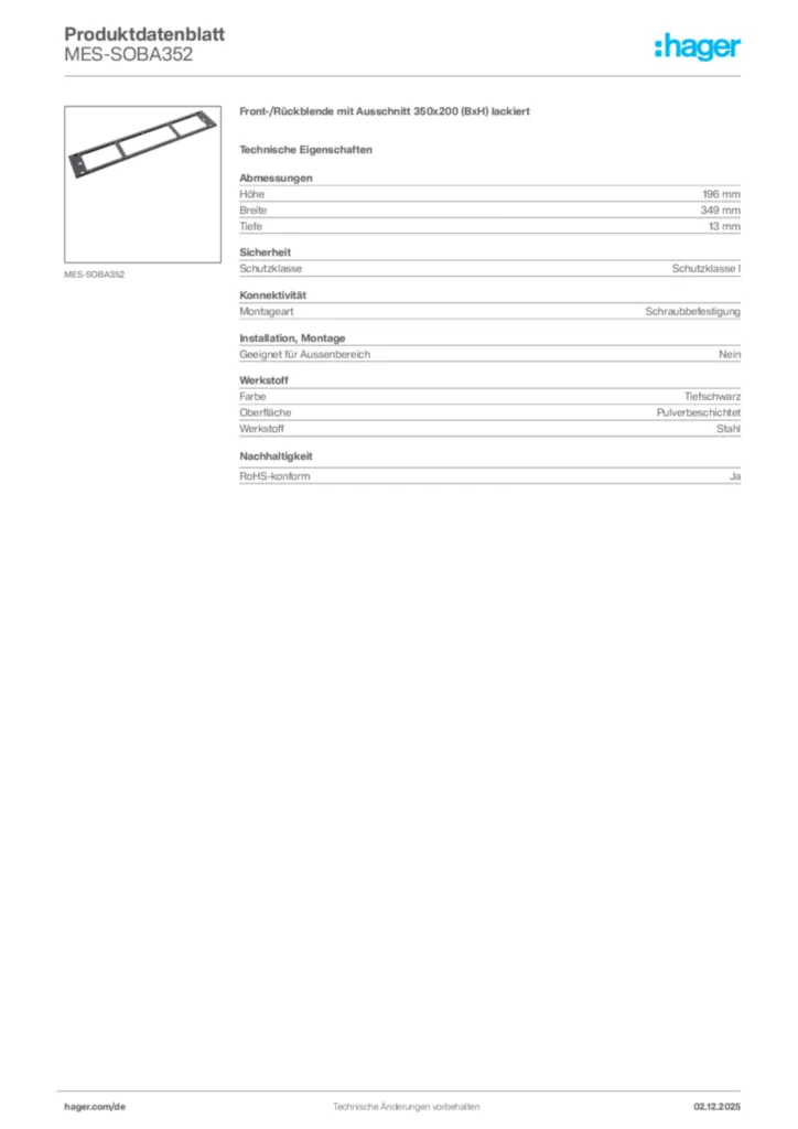 Bild Hager Produktdatenblatt MES-SOBA352 | Hager Deutschland