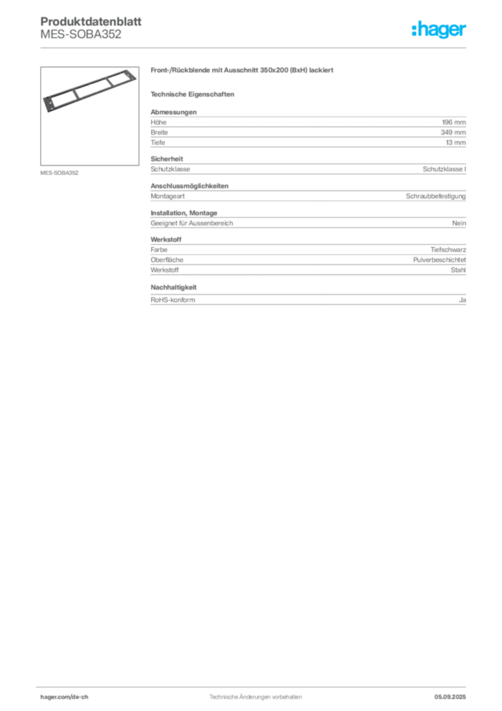 Bild Hager Produktdatenblatt MES-SOBA352 | Hager Schweiz