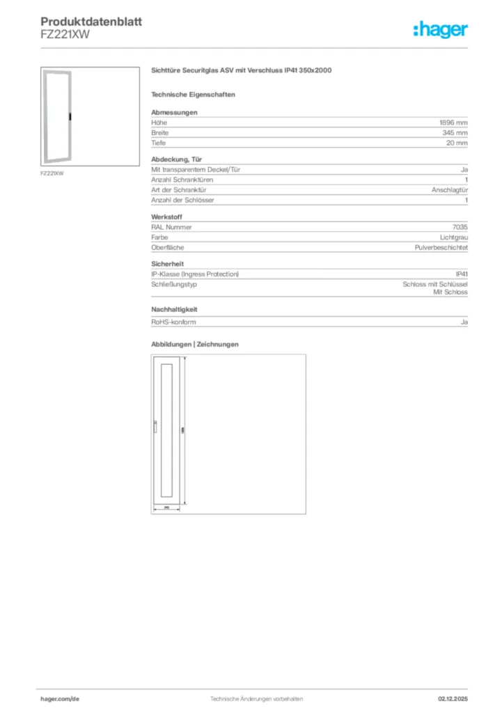 Bild Hager Produktdatenblatt FZ221XW | Hager Deutschland