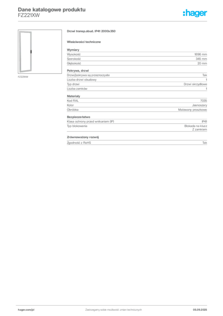 Zdjęcie Hager Dane katalogowe produktu FZ221XW | Hager Polska