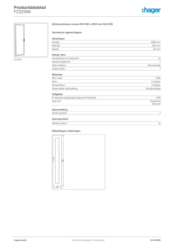 Afbeelding Hager Productdatablad FZ221XW | Hager Nederland