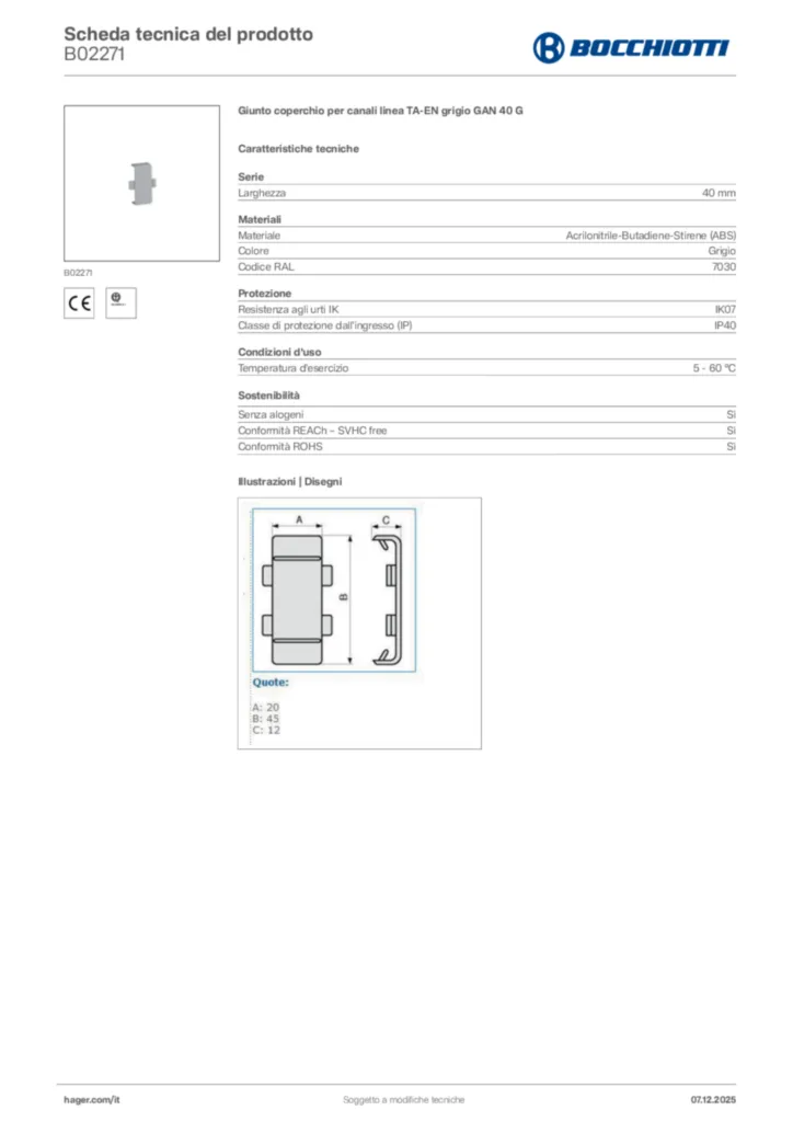 Immagine Bocchiotti Scheda tecnica del prodotto B02271 | Hager Italia