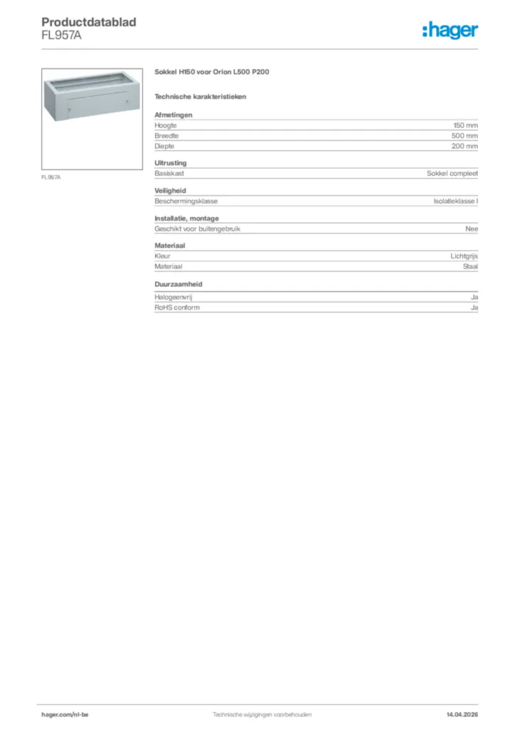 Afbeelding Hager Productdatablad FL957A | Hager Belgium