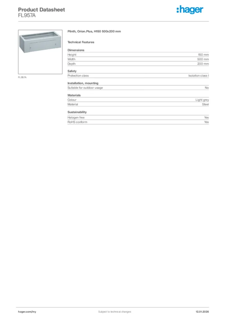 Image Hager Product data sheet FL957A  | Hager