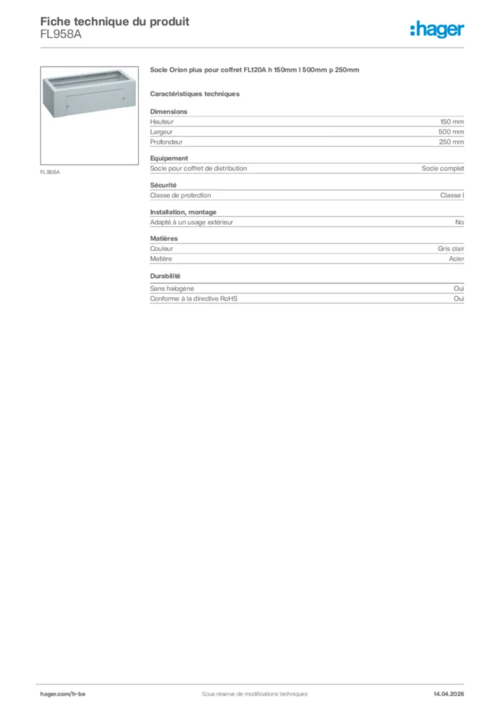 Image Hager Fiche technique du produit FL958A | Hager Belgique