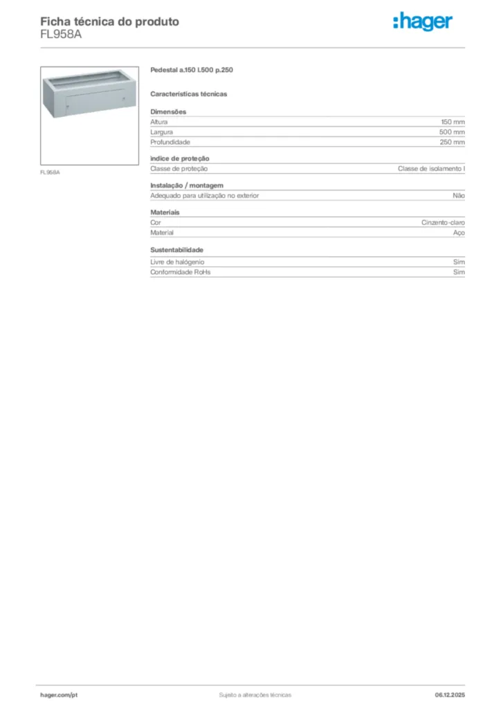Imagem Hager Ficha técnica do produto FL958A | Hager Portugal