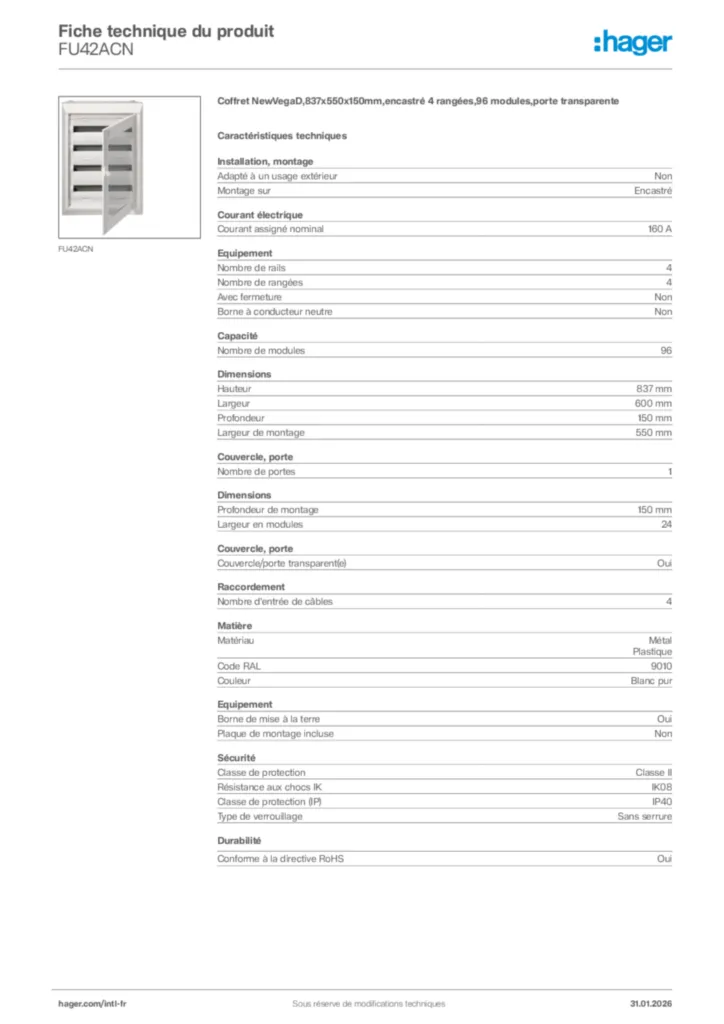 Image Hager Fiche technique du produit FU42ACN | Hager Afrique