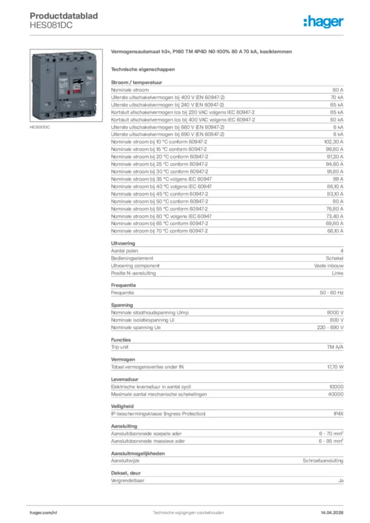 Afbeelding Hager Productdatablad HES081DC | Hager Nederland
