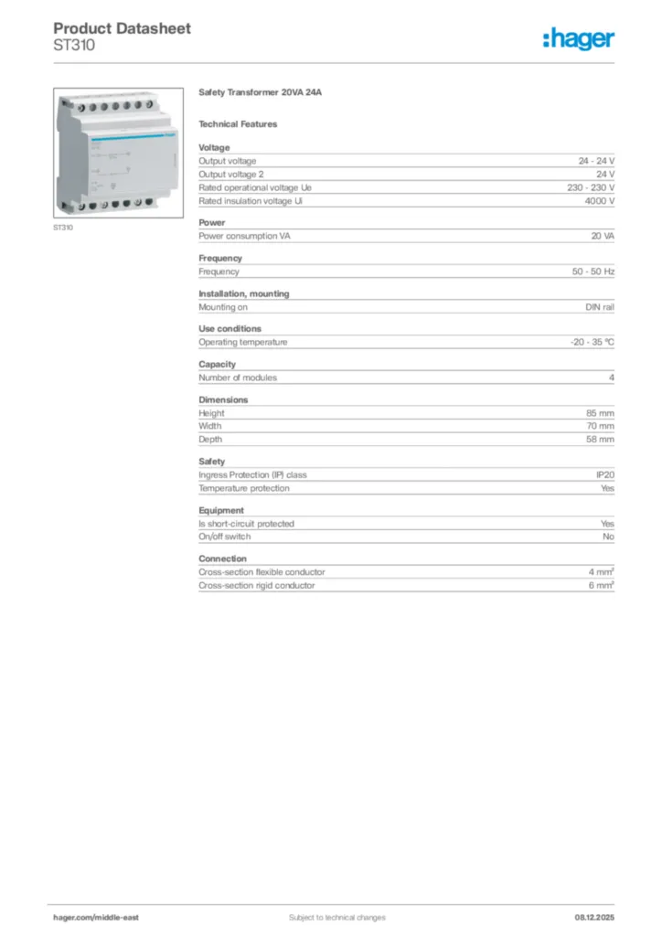 Image Hager Product data sheet ST310  | Hager
