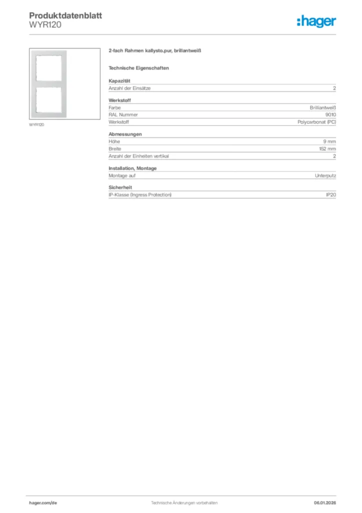 Bild Hager Produktdatenblatt WYR120 | Hager Deutschland