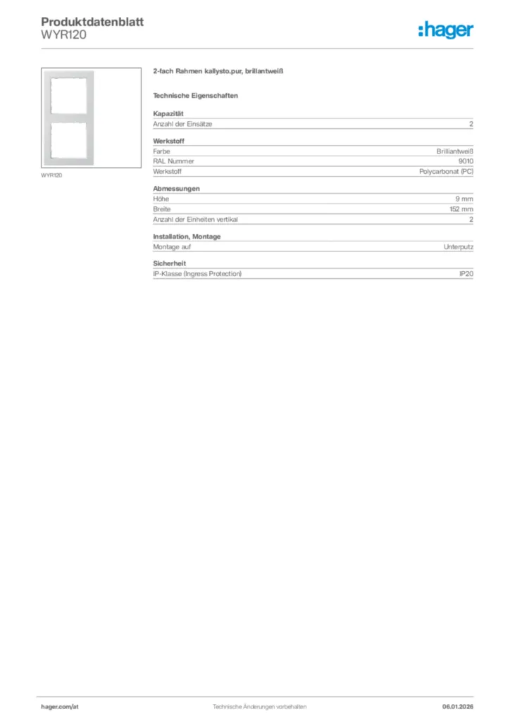Bild Hager Produktdatenblatt WYR120 | Hager Deutschland