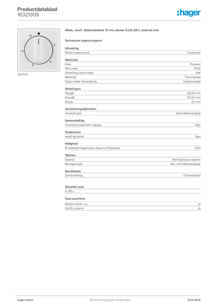 Afbeelding Hager Productdatablad 16321909 | Hager Nederland