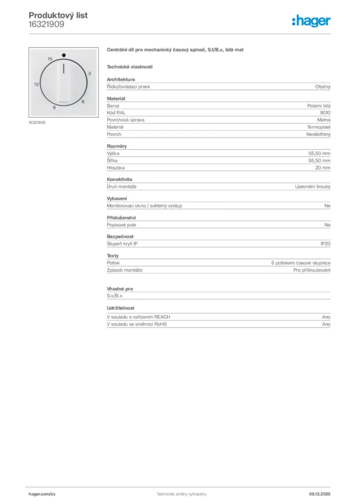 Obrázek Hager Product data sheet 16321909 | Hager