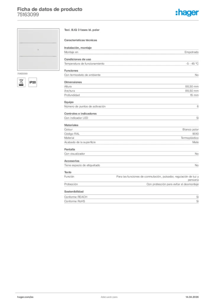 Imagen Hager Ficha de datos de producto 75163099 | Hager España
