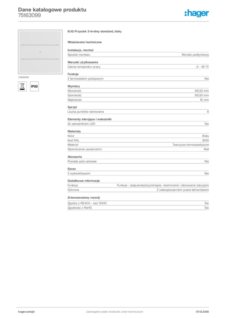 Zdjęcie Hager Karta katalogowa 75163099 | Hager Polska