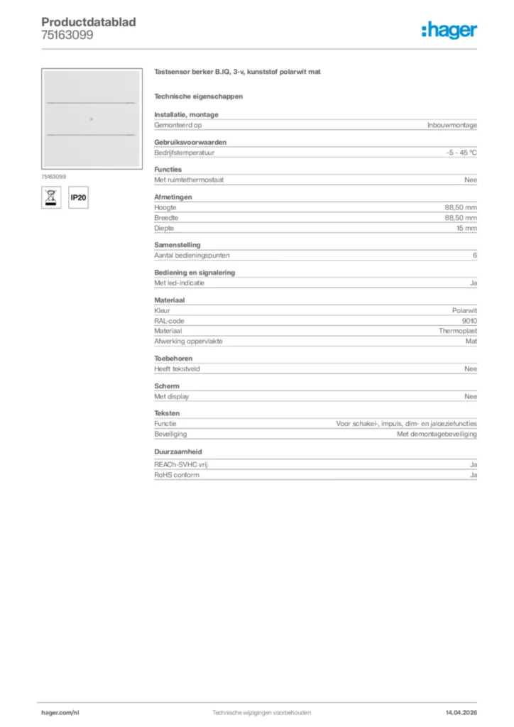 Afbeelding Hager Productdatablad 75163099 | Hager Nederland