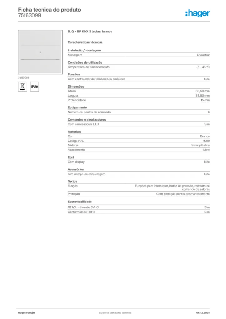 Imagem Hager Ficha técnica do produto 75163099 | Hager Portugal