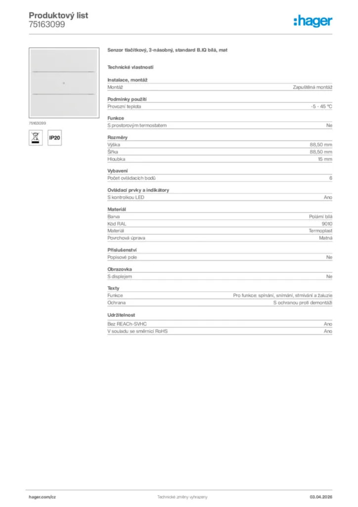 Obrázek Hager Product data sheet 75163099 | Hager