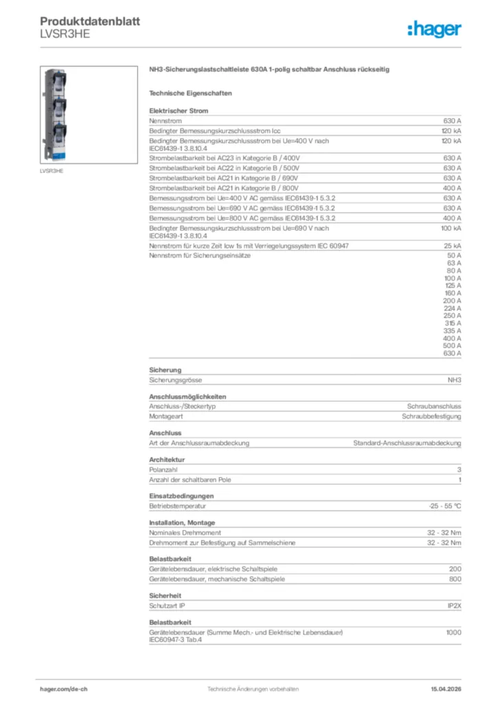 Bild Hager Produktdatenblatt LVSR3HE | Hager Schweiz