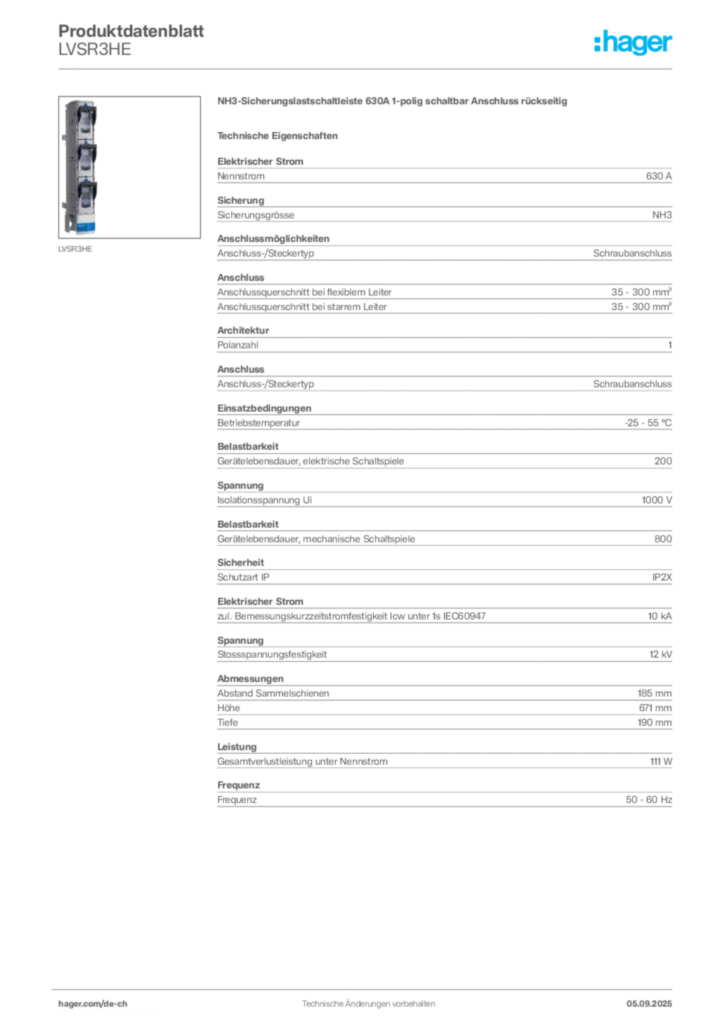 Bild Hager Produktdatenblatt LVSR3HE | Hager Schweiz