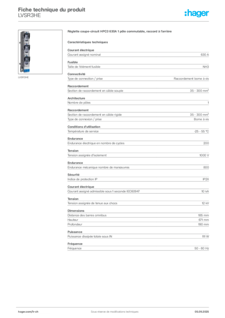 Image Hager Fiche technique du produit LVSR3HE | Hager Suisse