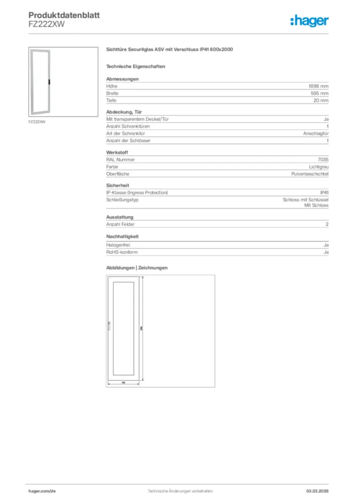 Bild Hager Produktdatenblatt FZ222XW | Hager Deutschland