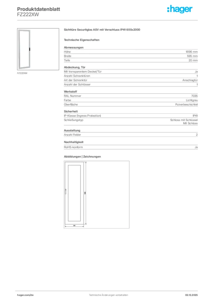Bild Hager Produktdatenblatt FZ222XW | Hager Deutschland