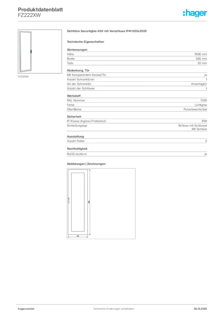 Bild Hager Produktdatenblatt FZ222XW | Hager Deutschland