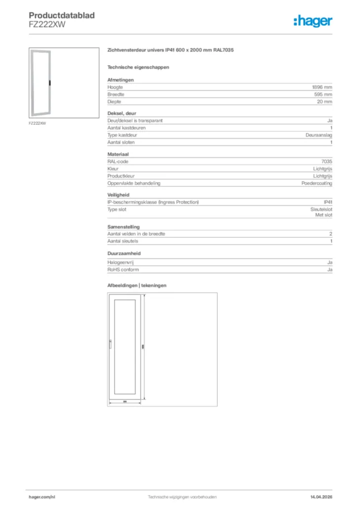 Afbeelding Hager Productdatablad FZ222XW | Hager Nederland