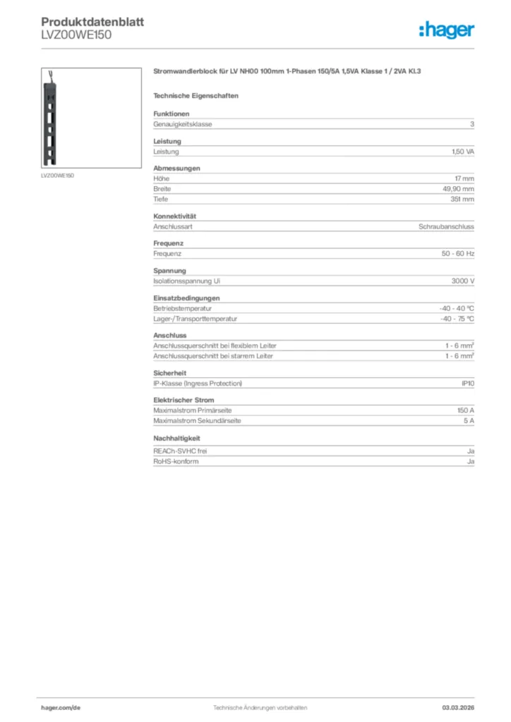 Bild Hager Produktdatenblatt LVZ00WE150 | Hager Deutschland