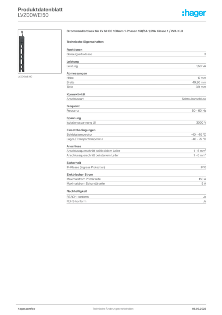 Bild Hager Produktdatenblatt LVZ00WE150 | Hager Deutschland
