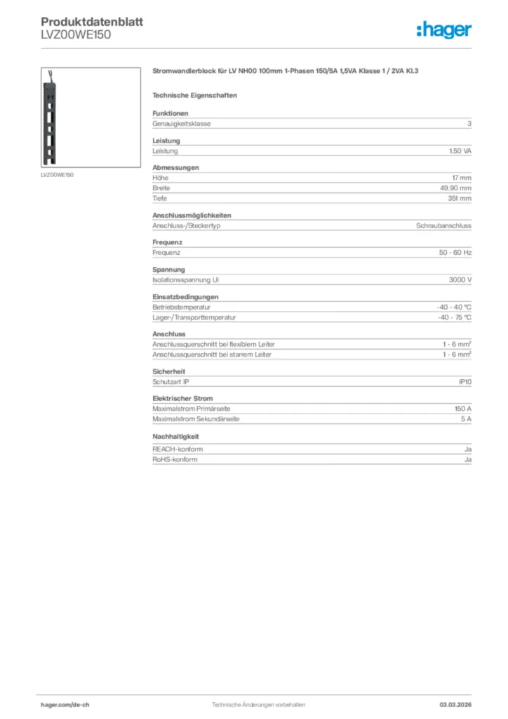 Bild Hager Produktdatenblatt LVZ00WE150 | Hager Schweiz